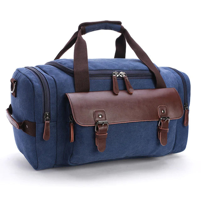 Geräumige Reisetasche aus Leder und Canvas - Wasserdicht - Blau - Langlebig für Arbeit und Wochenendausflüge - Stilvoll | Sansoti