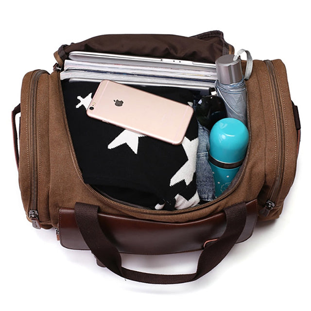 Large Canvas Shoulder Bag Leather Cognac Brown Waterproof for Travel Work Daily Use Durable Spacious Stylish | Sansoti