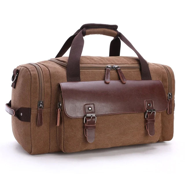 Large Canvas Shoulder Bag Leather Cognac Brown Waterproof for Travel Work Daily Use Durable Spacious Stylish | Sansoti