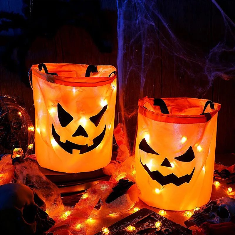 Podświetlana dyniowa torba na słodycze z oświetleniem LED na Halloween, przyjęcie dla dzieci, Trick or Treat, dekoracyjny woreczek | Sansoti