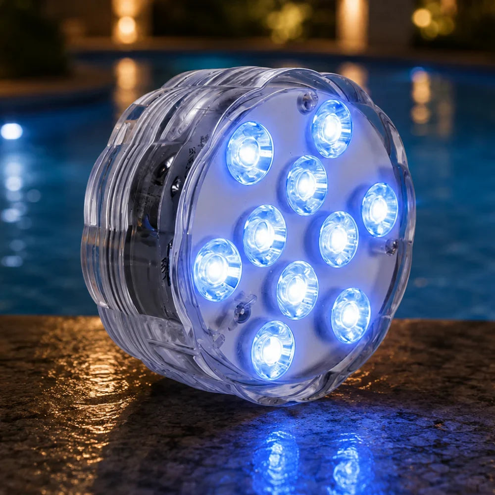 Podwodna lampa RGB LED w 10 kolorach z pilotem, przyssawką do basenu, stawu i akwarium, dekoracyjne oświetlenie | Sansoti