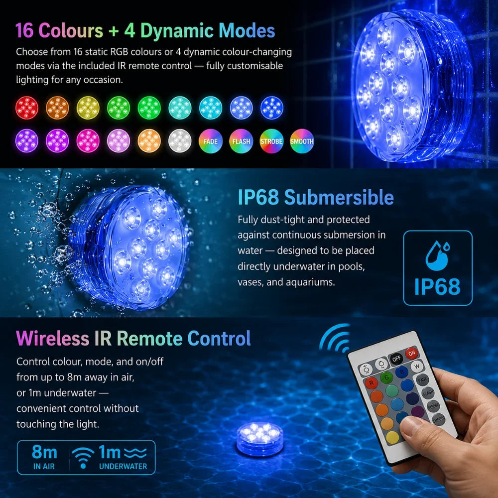 Podwodna lampa RGB LED w 10 kolorach z pilotem, przyssawką do basenu, stawu i akwarium, dekoracyjne oświetlenie | Sansoti
