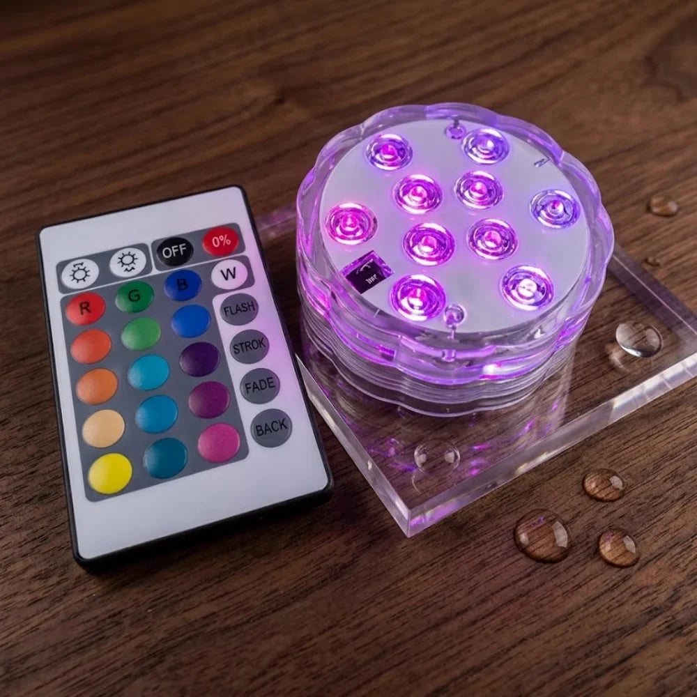Podwodna lampa RGB LED w 10 kolorach z pilotem, przyssawką do basenu, stawu i akwarium, dekoracyjne oświetlenie | Sansoti