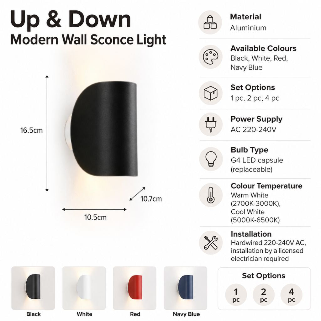 Aluminium-Wandleuchte Schwenkbar Oben Unten LED-G4-Fassung Schwarz Weiß Rot Marineblau Moderne Wandbeleuchtung | Sansoti