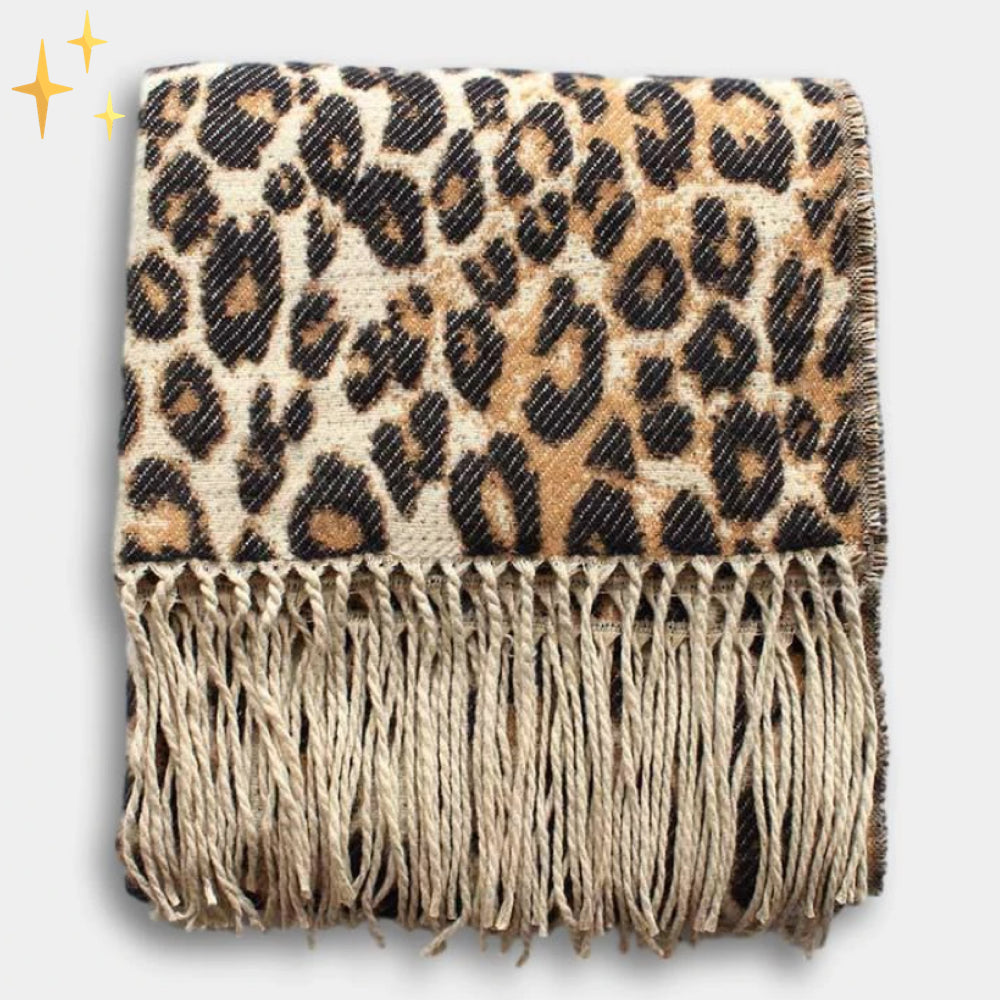 Gestrickter Schal mit Tierprint aus Wollmischung, Winterschal mit Fransen, weicher Halswärmer, Damenschal und Winteraccessoire | Sansoti