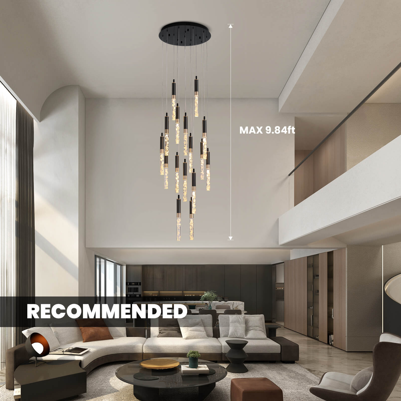 Lustre en cristal Escalier Noir Cristal K9 300cm LED Moderne Plafond Haut