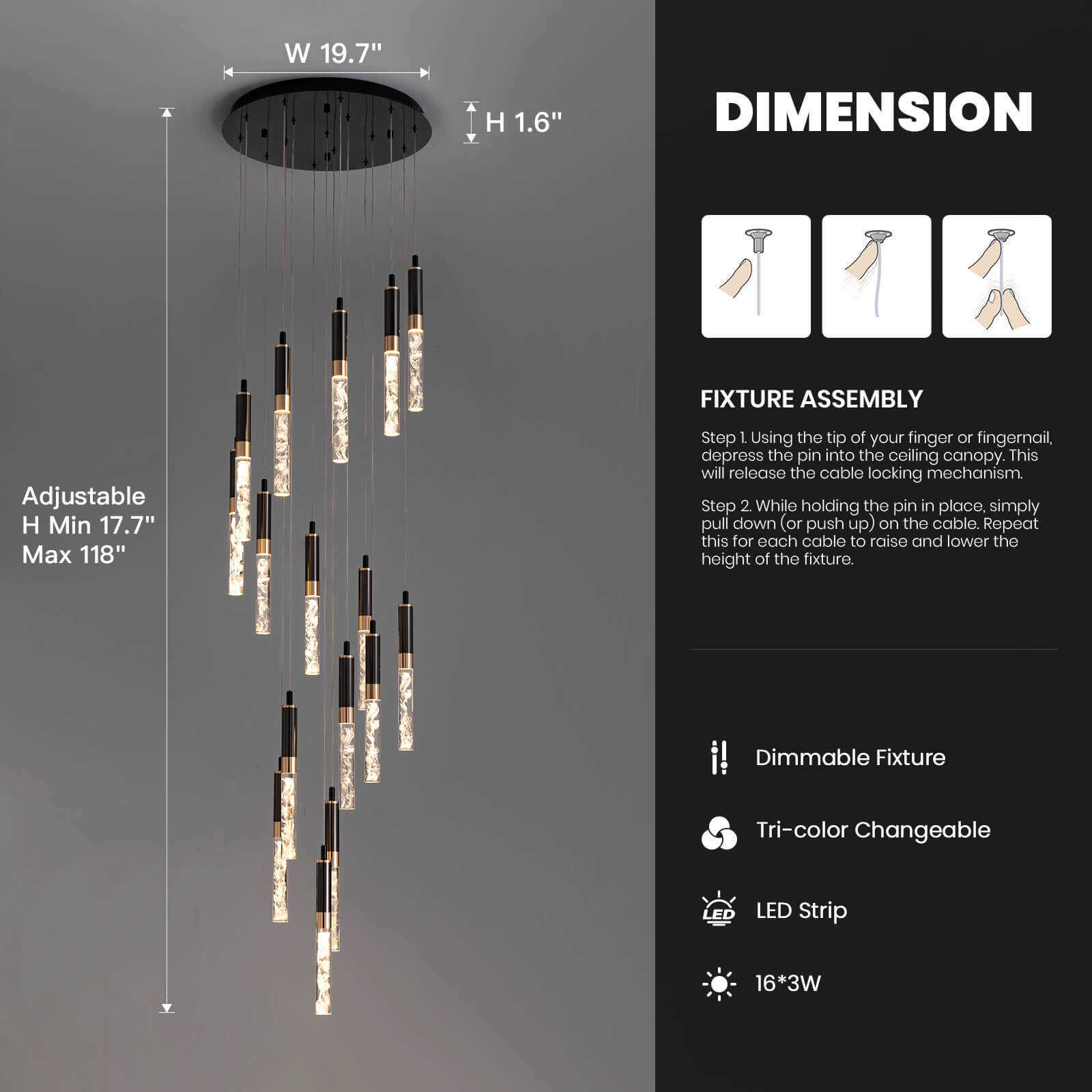 Lustre en cristal Escalier Noir Cristal K9 300cm LED Moderne Plafond Haut