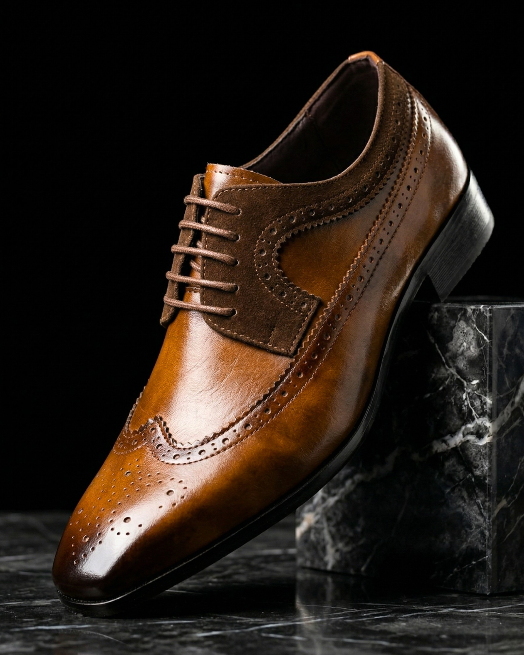 Męskie buty derby brogue, skóra i zamsz, wingtip, klasyczne, eleganckie, wygodna podeszwa, brązowe, czarne, rozmiary 39-48, formalne | Sansoti