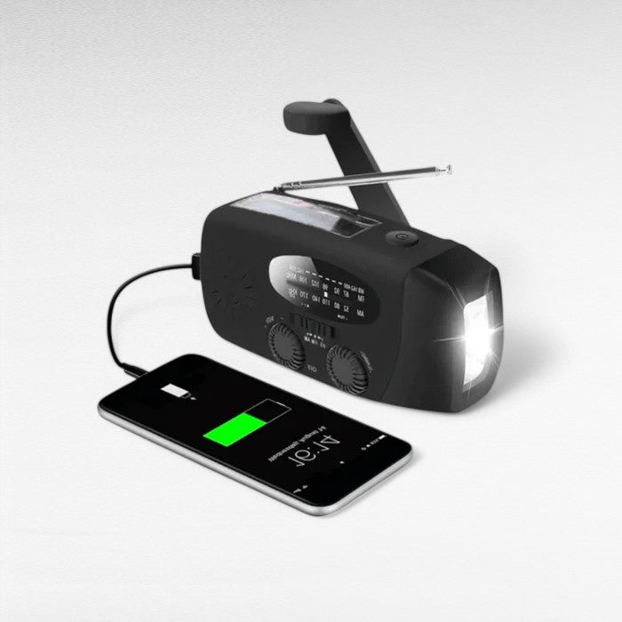 Radio d'urgence avec lampe de poche et chargeur | Dynamo manuelle, solaire & USB