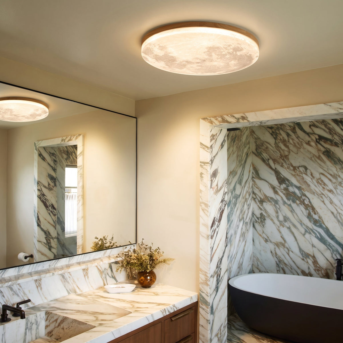 Runde LED-Deckenleuchte in Holzoptik, dimmbar, für Schlafzimmer und Wohnzimmer, skandinavisches, schwebendes Design, warmes Licht, modern | Sansoti