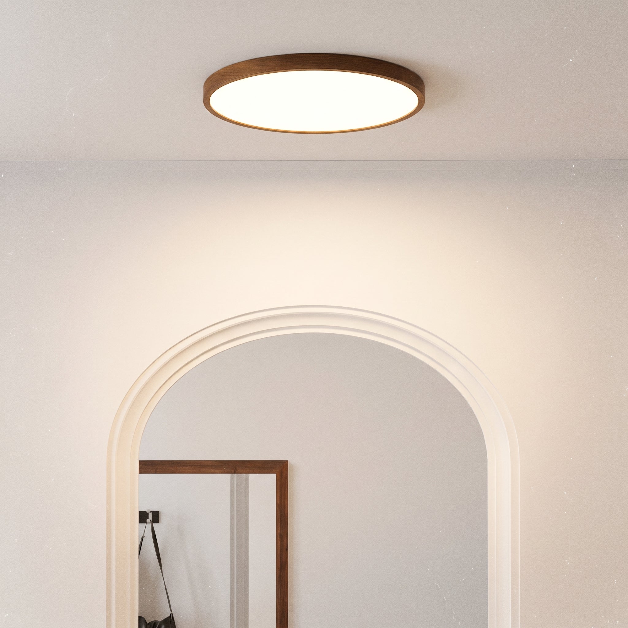 Plafonnier rond en bois foncé, LED 4500K, style scandinave, salle à manger, salon, hall, éclairage minimaliste | Sansoti