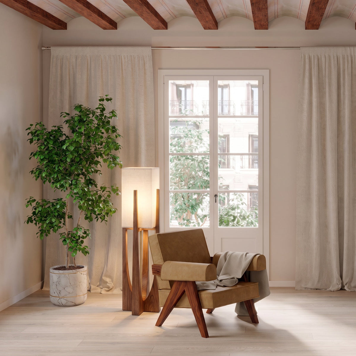 Japanische Stehleuchte aus Naturholz E27 LED dimmbar für Wohnzimmer, Schlafzimmer und Leseecke, skandinavisches Design | Sansoti