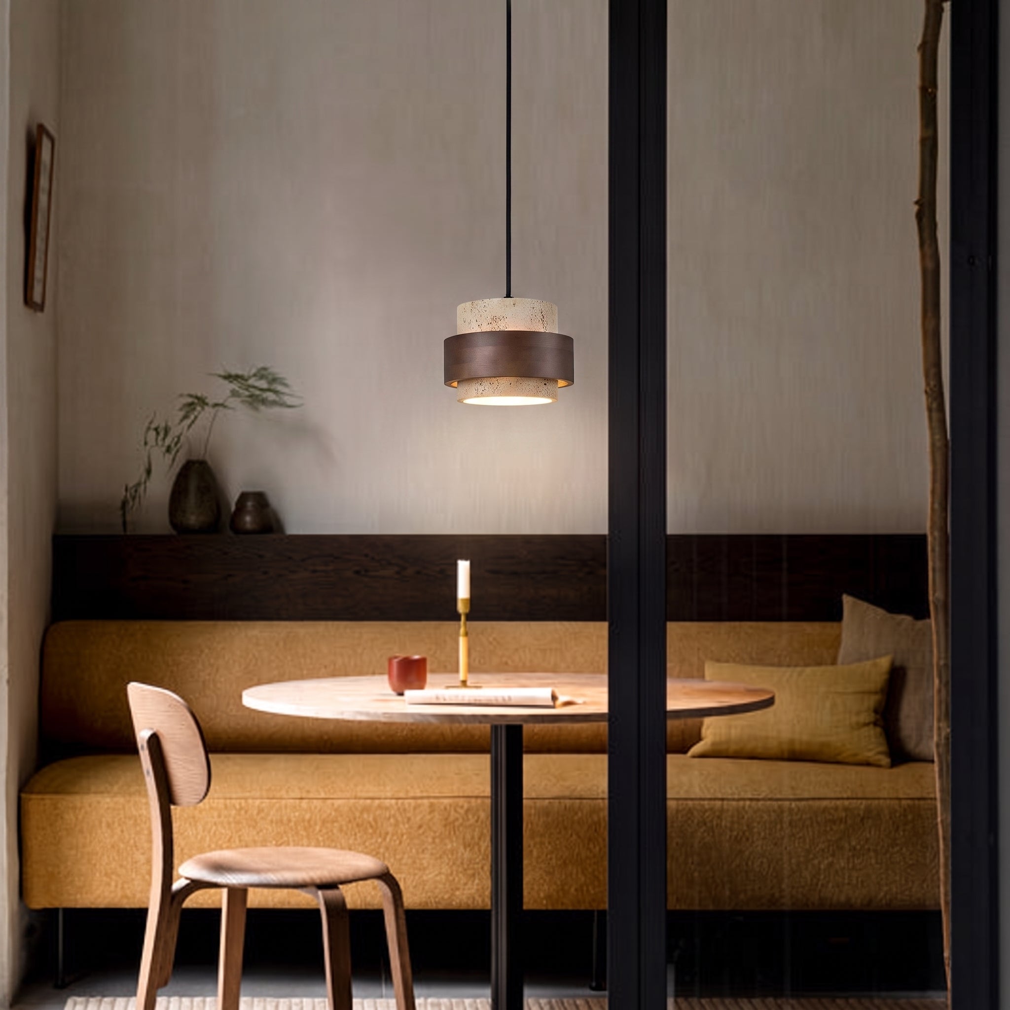 Lampa wisząca z kamienia naturalnego i drewna, styl wabi-sabi, regulowana, do jadalni, baru i kuchni, oświetlenie z 1, 2, 3 lub 4 reflektorami LED | Sansoti