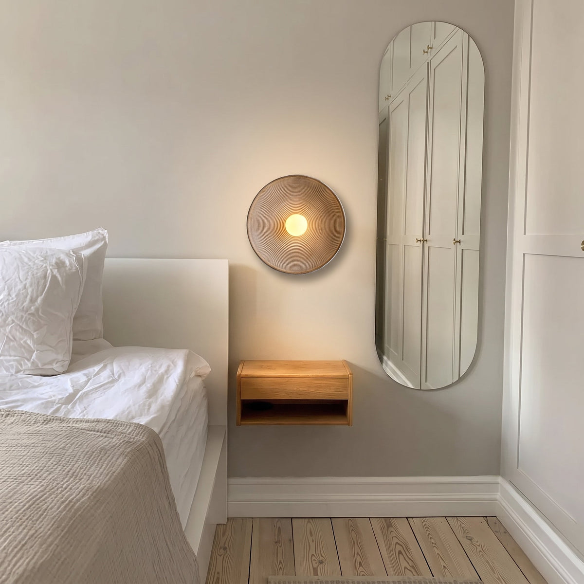 Applique murale ronde en bois et verre, minimaliste, lumière LED chaleureuse, salle à manger, bar, intérieur moderne et convivial, douille E27 | Sansoti