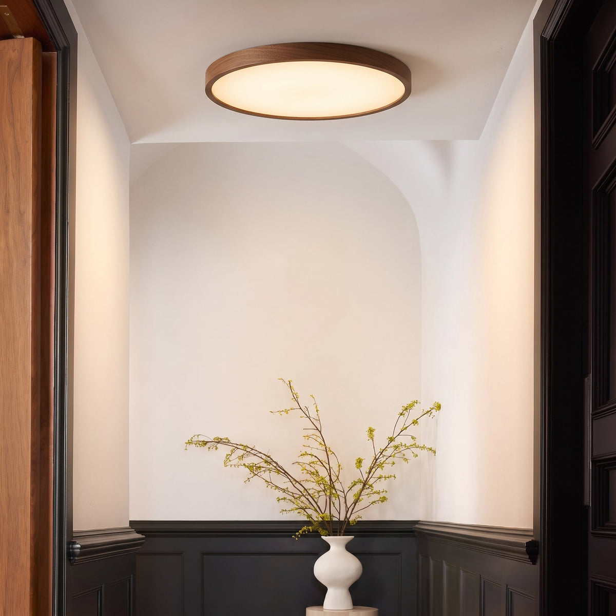 Plafonnier rond en bois foncé, LED 4500K, style scandinave, salle à manger, salon, hall, éclairage minimaliste | Sansoti