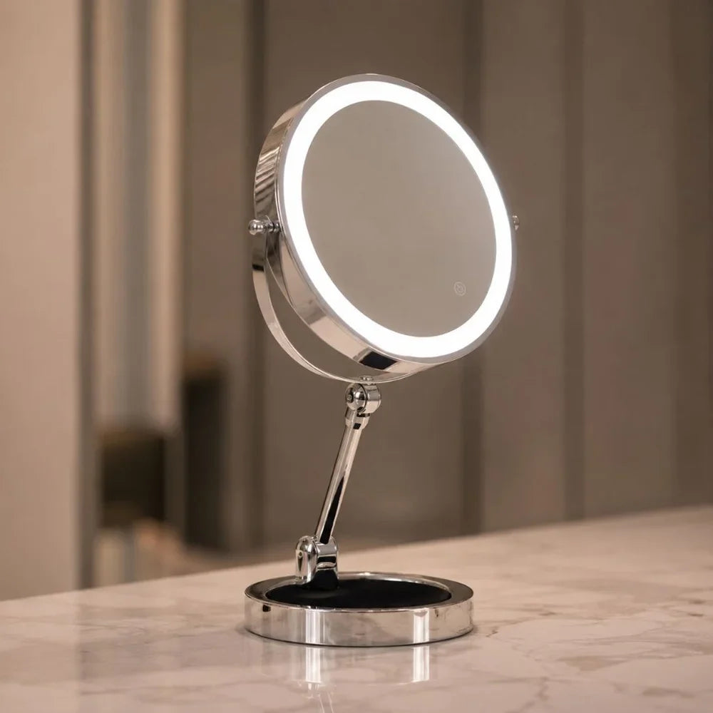 Verlichte Make-up Spiegel 10x Vergroting Dubbelzijdig LED Aanraakbediening Oplaadbaar Draaibaar voor Badkamer | Sansoti