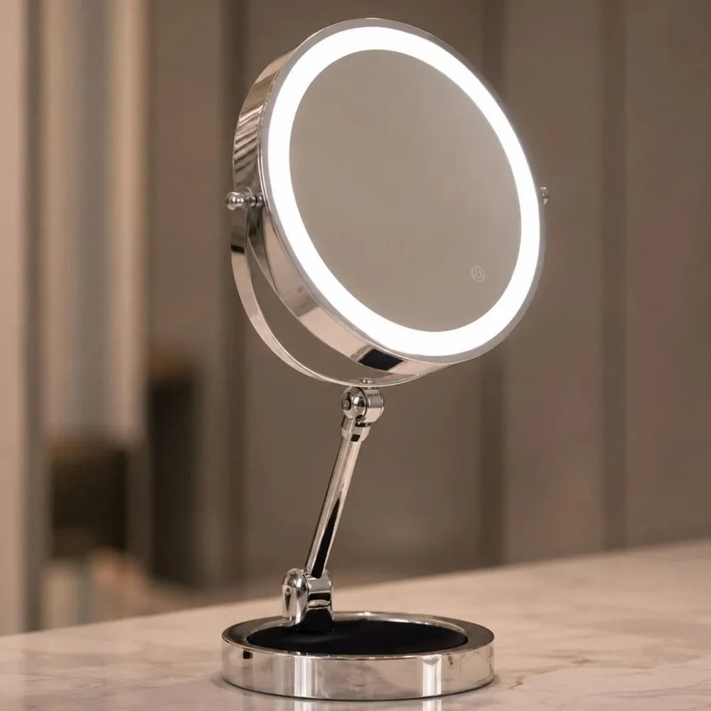 Verlichte Make-up Spiegel 10x Vergroting Dubbelzijdig LED Aanraakbediening Oplaadbaar Draaibaar voor Badkamer | Sansoti