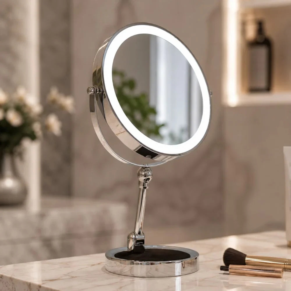 Verlichte Make-up Spiegel 10x Vergroting Dubbelzijdig LED Aanraakbediening Oplaadbaar Draaibaar voor Badkamer | Sansoti