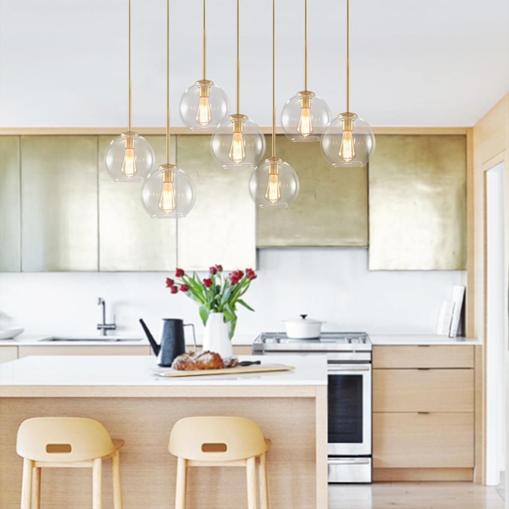 Glazen Bollen Hanglamp Keukeneiland 7 Lichts Messing Zwart 90cm Cluster Eetkamer Woonkamer Rechthoekig Verstelbaar E26 Mid-Century | Sansoti