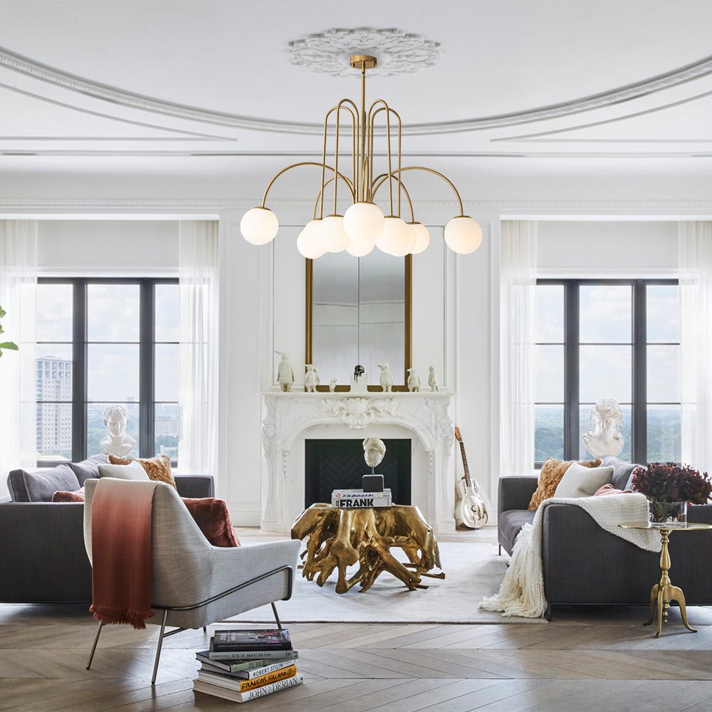 Glaskugeln Hängeleuchte 10-flammig Schwarz Messing 98cm Opal Matt E26 Wohnzimmer Esszimmer Schlafzimmer Eingang Sputnik Kronleuchter Dimmbar | Restfield