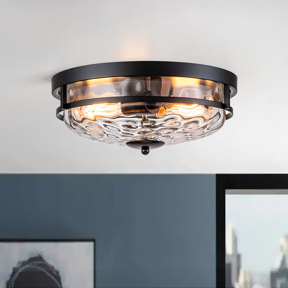 Glas-Deckenleuchte Rund Schwarz Gold Hammerschlagglas 33cm Wohnzimmer Schlafzimmer Aufbaustrahler Landhaus Eingang Esszimmer Badezimmer | Restfield