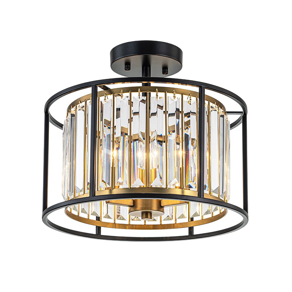 Minimalistische Semi-Plafondlamp met Kristallen Accenten 3-Lichtpunten Zwart-Gouden Afwerking Drumvormig Frame E12 Fitting | Sansoti