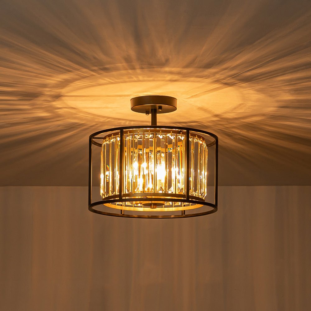 Minimalistische Semi-Plafondlamp met Kristallen Accenten 3-Lichtpunten Zwart-Gouden Afwerking Drumvormig Frame E12 Fitting | Sansoti