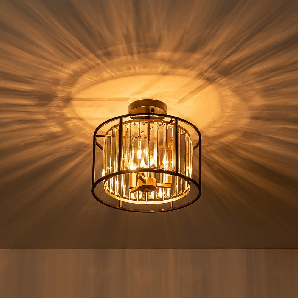 Minimalistische Semi-Plafondlamp met Kristallen Accenten 3-Lichtpunten Zwart-Gouden Afwerking Drumvormig Frame E12 Fitting | Sansoti