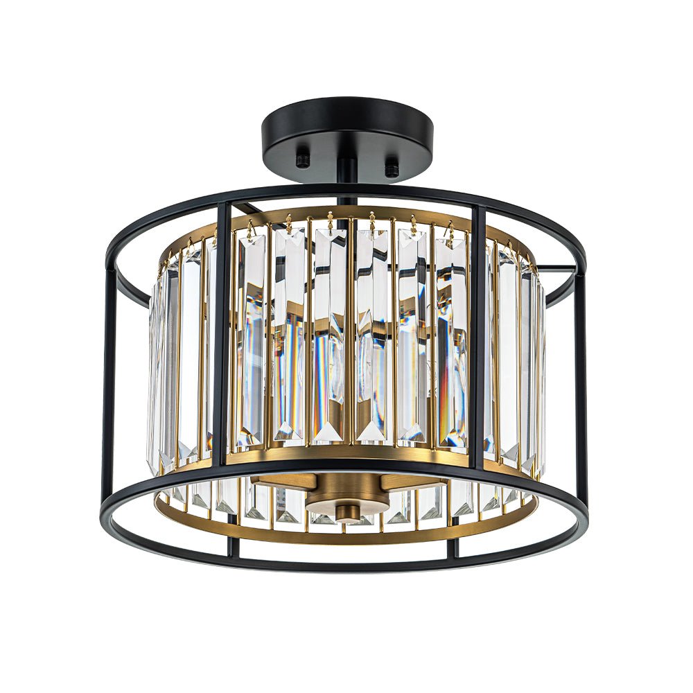 Minimalistische Semi-Plafondlamp met Kristallen Accenten 3-Lichtpunten Zwart-Gouden Afwerking Drumvormig Frame E12 Fitting | Sansoti