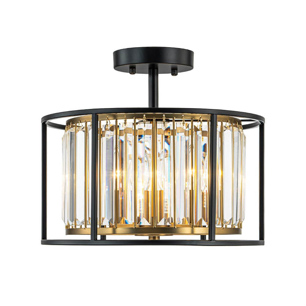 Minimalistische Semi-Plafondlamp met Kristallen Accenten 3-Lichtpunten Zwart-Gouden Afwerking Drumvormig Frame E12 Fitting | Sansoti