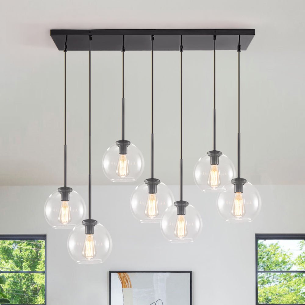 Glazen Bollen Hanglamp Keukeneiland 7 Lichts Messing Zwart 90cm Cluster Eetkamer Woonkamer Rechthoekig Verstelbaar E26 Mid-Century | Sansoti