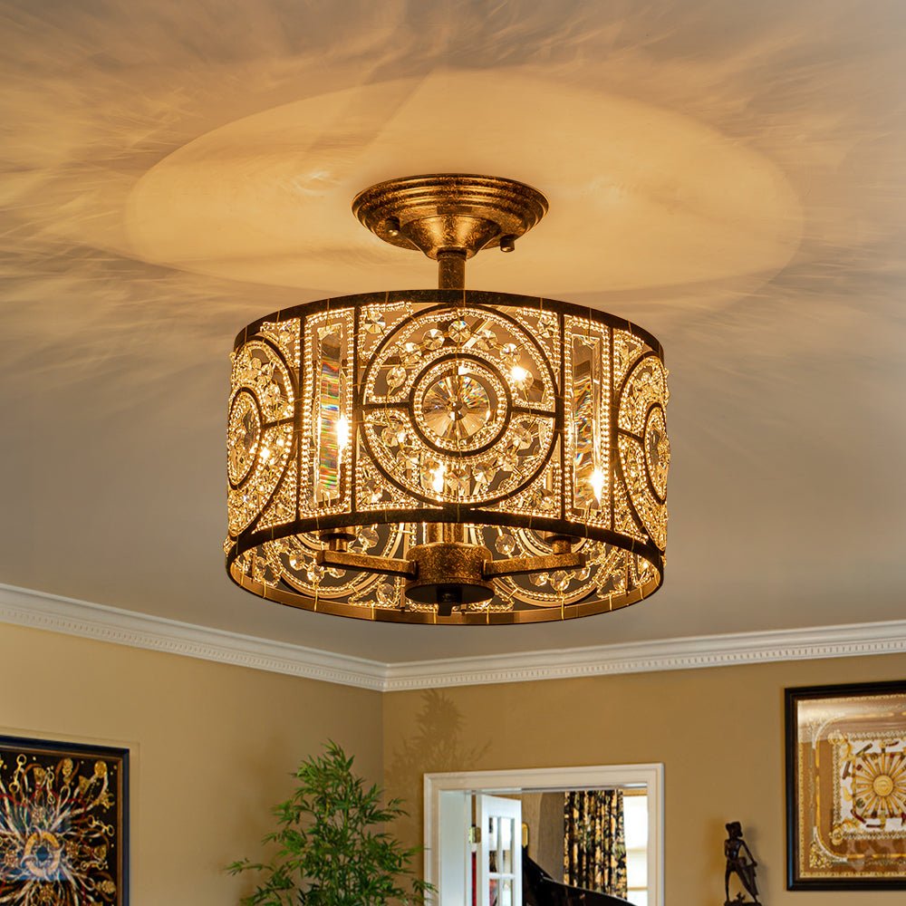 Kristallen Plafondlamp Zwart Goud 30cm 3 Lichts Vintage Drum E12 Woonkamer Eetkamer Slaapkamer Entree Badkamer Marokkaans Luxe | Sansoti