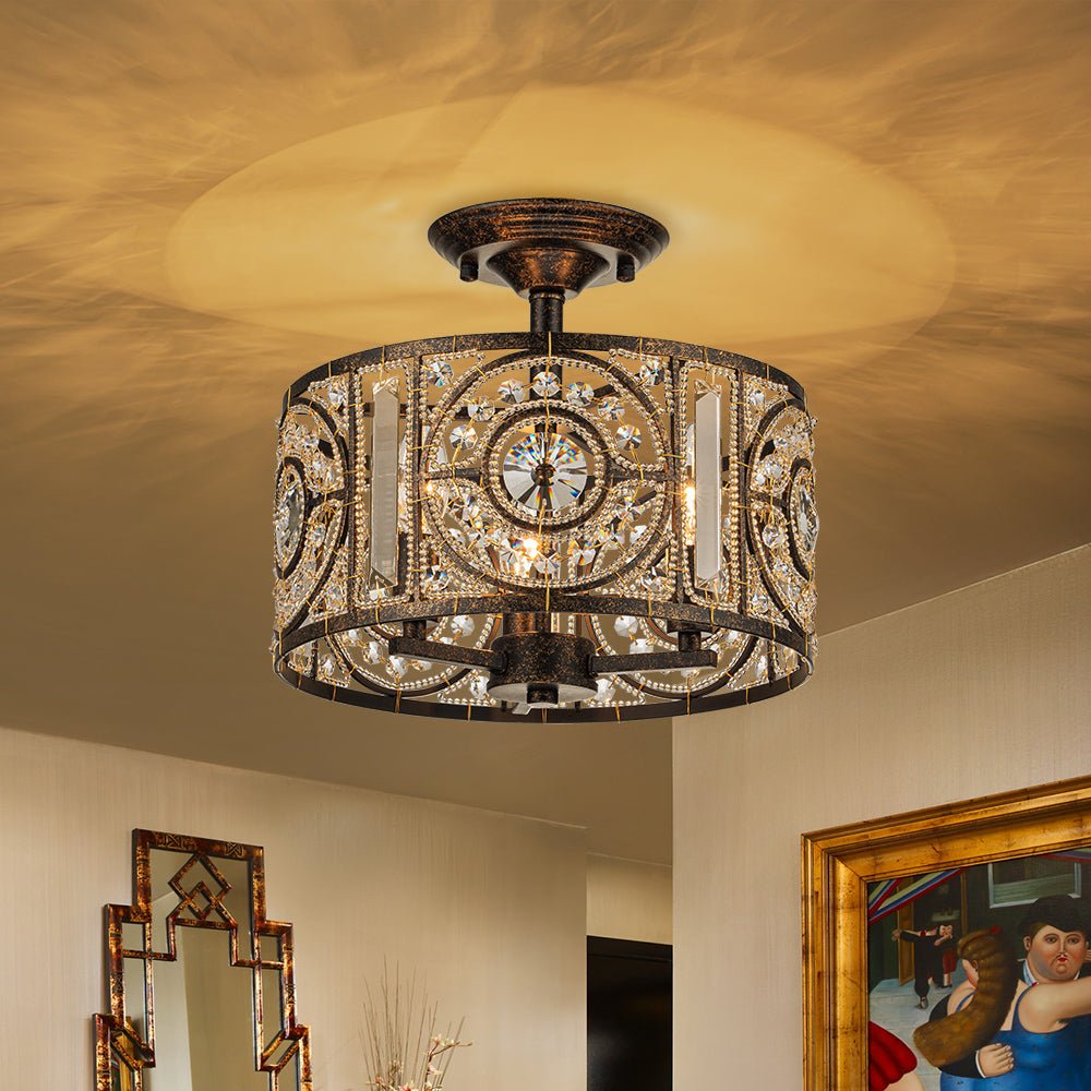 Kristallen Plafondlamp Zwart Goud 30cm 3 Lichts Vintage Drum E12 Woonkamer Eetkamer Slaapkamer Entree Badkamer Marokkaans Luxe | Sansoti