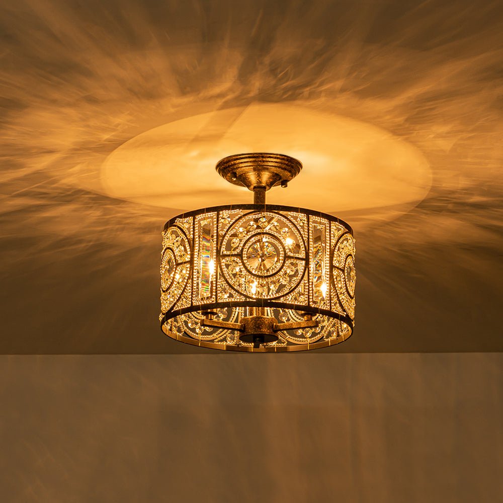 Kristallen Plafondlamp Zwart Goud 30cm 3 Lichts Vintage Drum E12 Woonkamer Eetkamer Slaapkamer Entree Badkamer Marokkaans Luxe | Sansoti