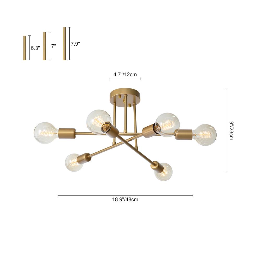 Lustre semi-plafonnier à 6 lumières en métal doré effet laiton, design Sputnik, ampoules E26 E27, 48 cm, salon | Sansoti