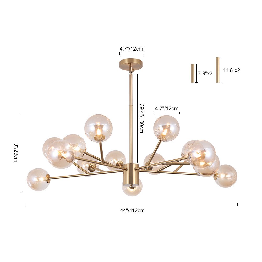 Hanglamp met 15 Glazen Bollen Zwart Messing 112cm Moderne Plafondverlichting voor Eetkamer en Woonkamer | Sansoti