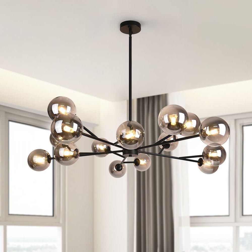 Hanglamp met 15 Glazen Bollen Zwart Messing 112cm Moderne Plafondverlichting voor Eetkamer en Woonkamer | Sansoti