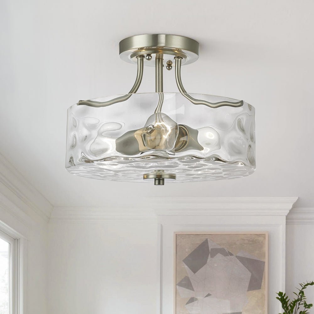 Glas-Deckenleuchte Drum Nickel 30cm 2-flammig Hammerschlagglas Badezimmer Eingang Küche Schlafzimmer Semi-Flush-Mount Flur Wohnzimmer | Restfield
