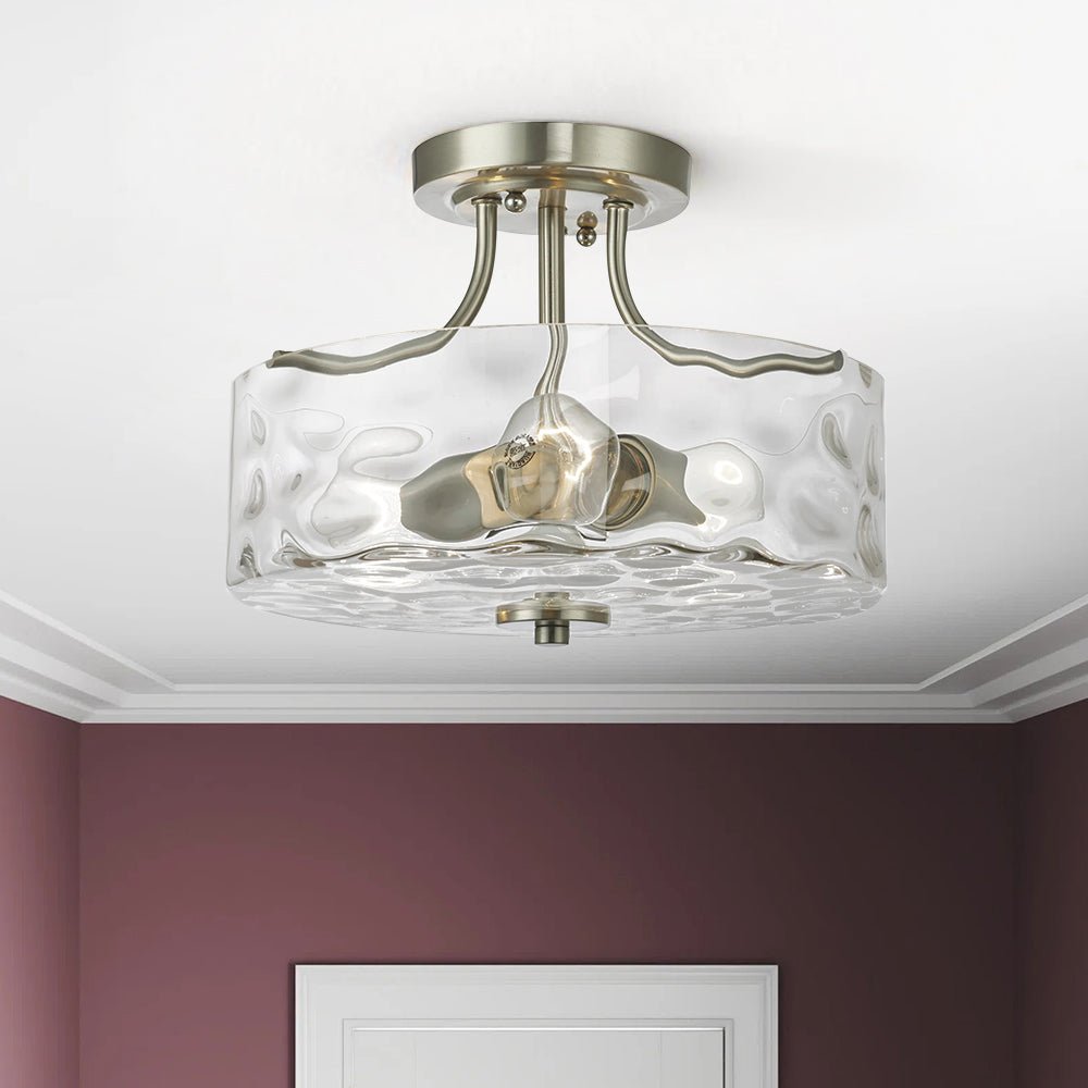 Glas-Deckenleuchte Drum Nickel 30cm 2-flammig Hammerschlagglas Badezimmer Eingang Küche Schlafzimmer Semi-Flush-Mount Flur Wohnzimmer | Restfield