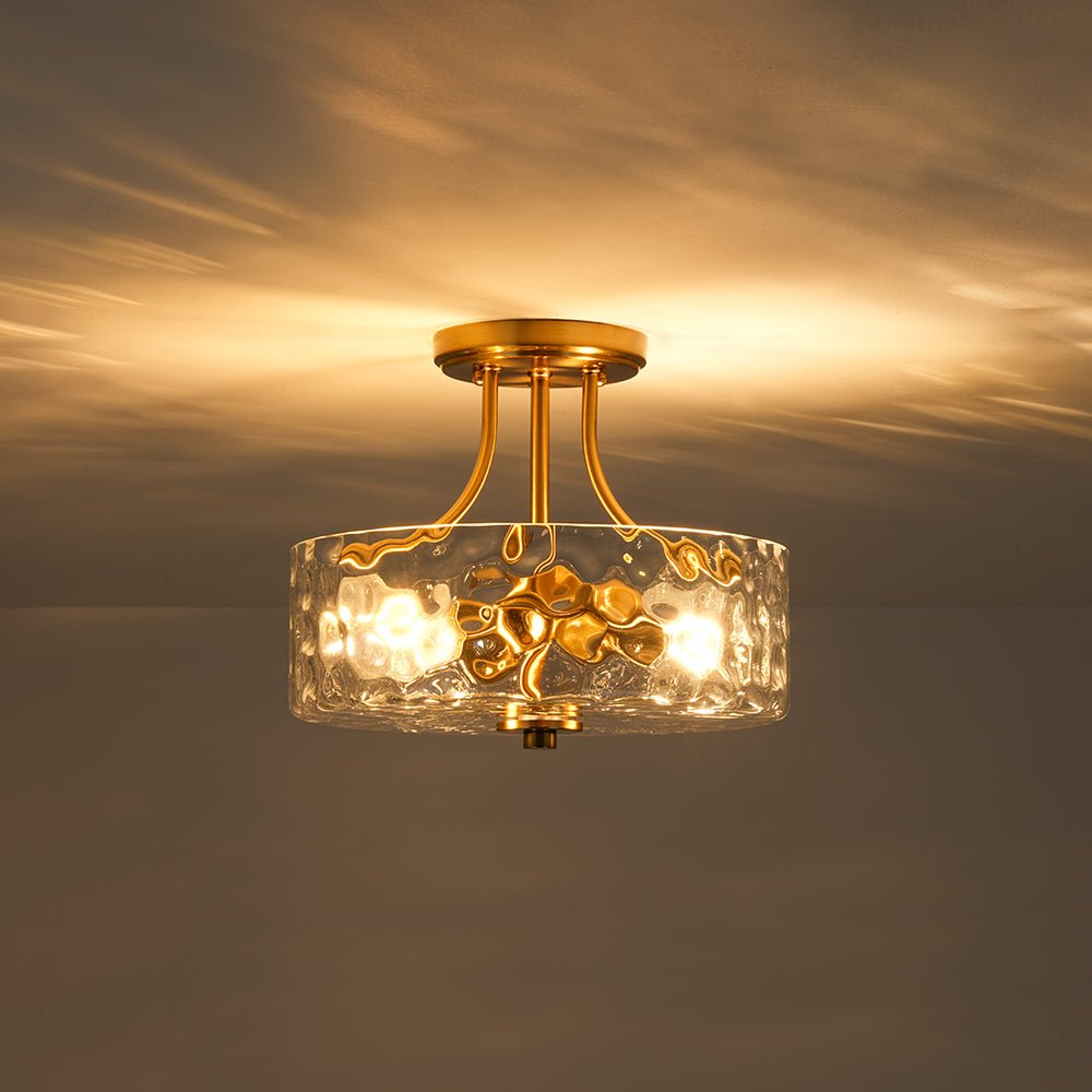 Glas-Deckenleuchte Drum Messing 30cm 2-flammig Hammerschlagglas Wohnzimmer Esszimmer Semi-Flush-Mount Badezimmer Eingang Flur Schlafzimmer | Restfield