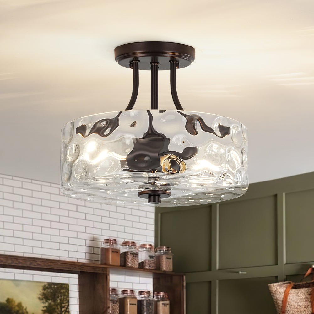 Glas-Deckenleuchte Drum Messing 30cm 2-flammig Hammerschlagglas Wohnzimmer Esszimmer Semi-Flush-Mount Badezimmer Eingang Flur Schlafzimmer | Restfield
