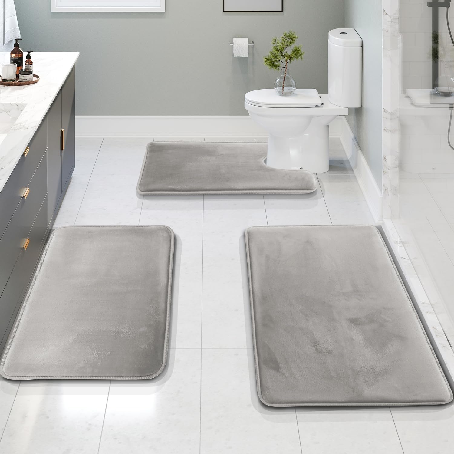 Badmat Set 3 Stuks Memory Foam Fluweel Grijs Antislip Badkamer Douche Toilet Matten Absorberend Zacht Wasbaar | Sansoti