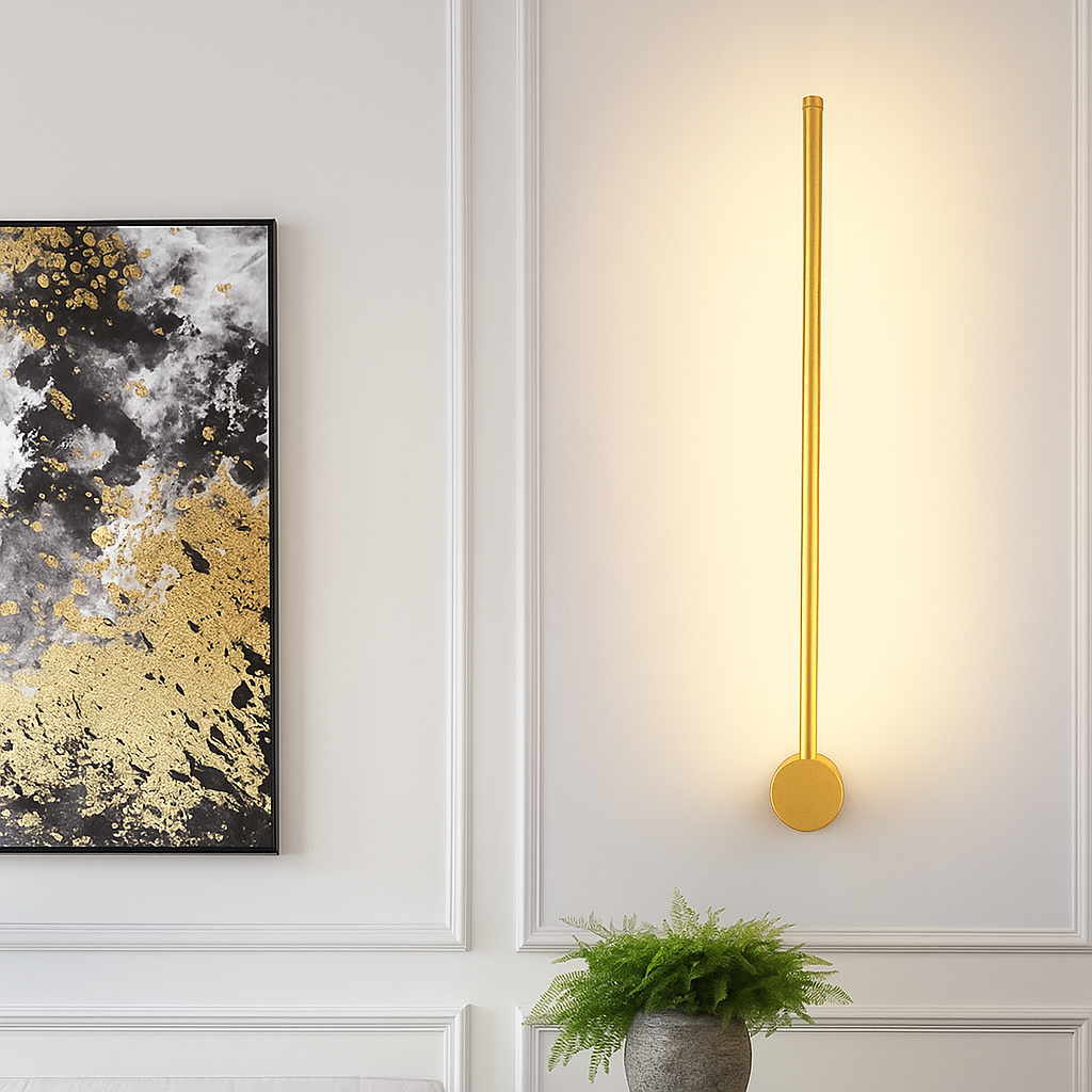 Applique murale LED minimaliste au design linéaire, noire et dorée, 60-120cm, pour intérieur moderne, salle à manger, bar et salon | Sansoti