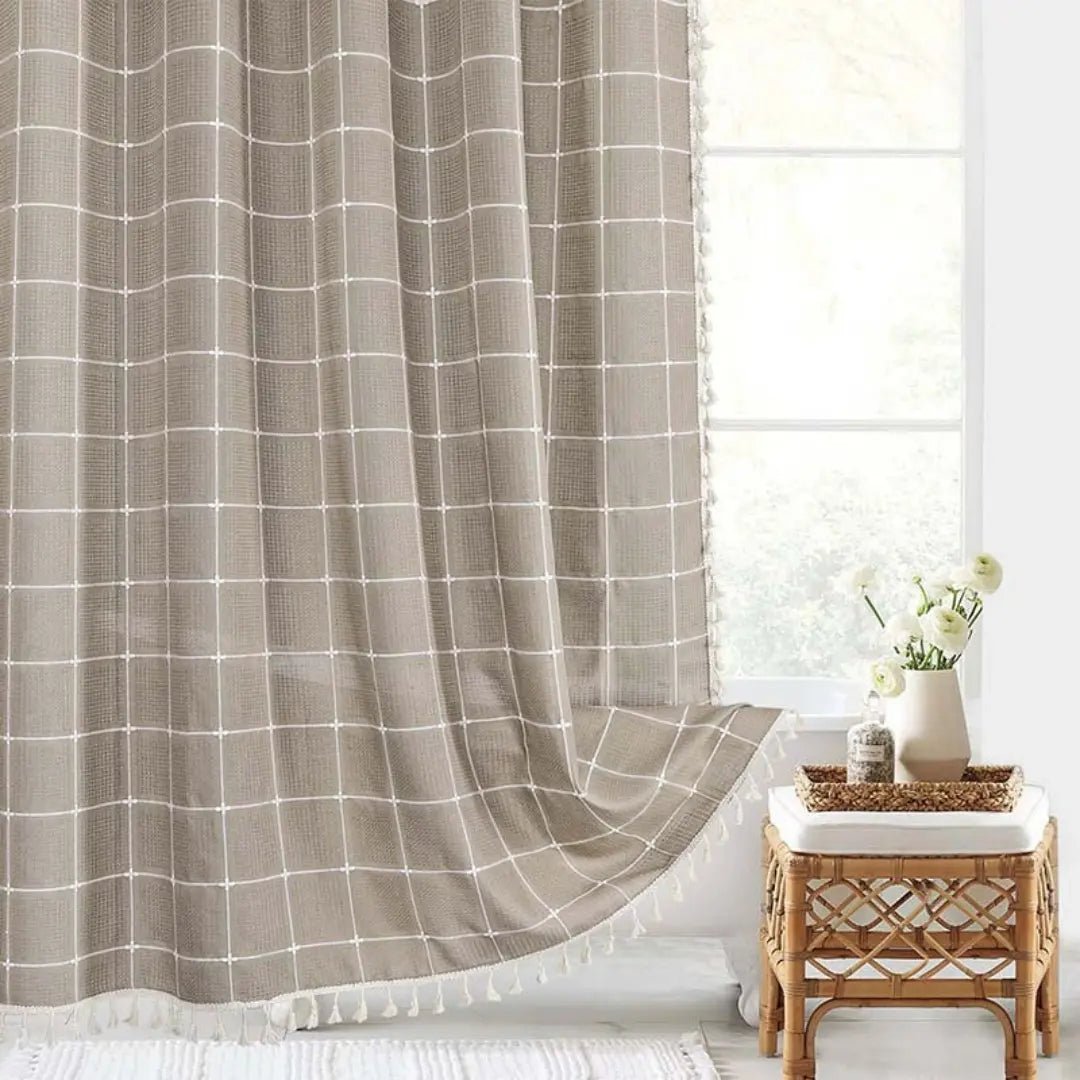 Linnen Douchegordijn met Kwastjes Waterdicht Jacquard Boho Stijl Badkamerdecoratie Modern Bohemian Design | Sansoti