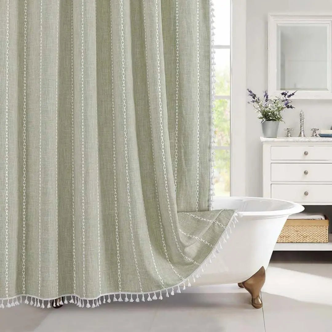 Linnen Douchegordijn met Kwastjes Waterdicht Jacquard Boho Stijl Badkamerdecoratie Modern Bohemian Design | Sansoti