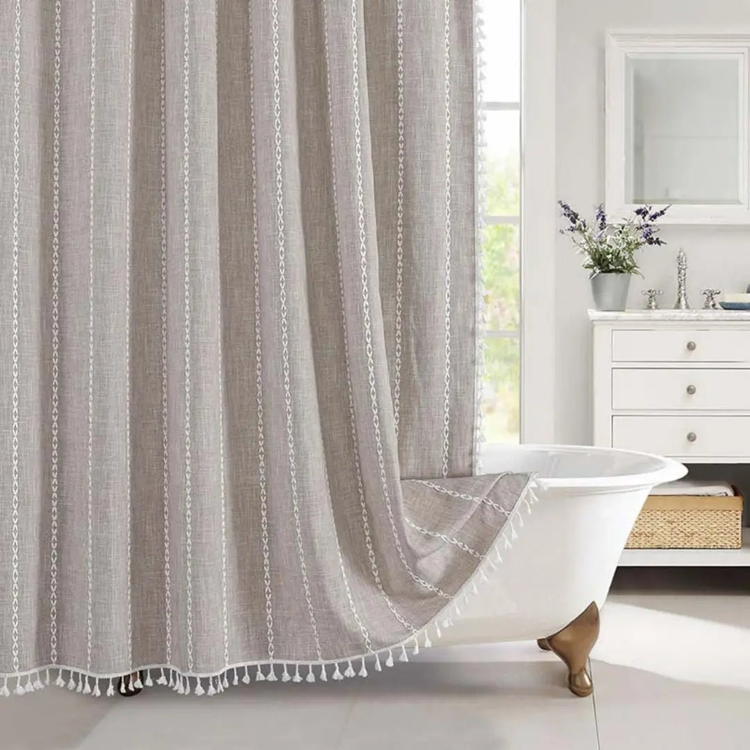 Linnen Douchegordijn met Kwastjes Waterdicht Jacquard Boho Stijl Badkamerdecoratie Modern Bohemian Design | Sansoti