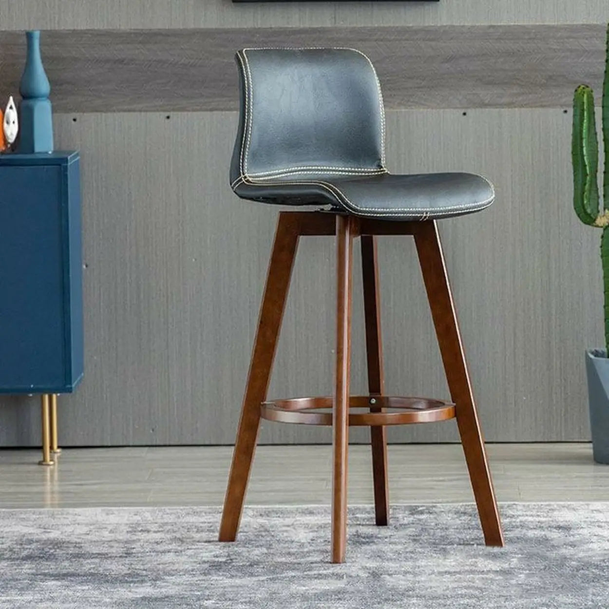 Tabouret de Bar Pivotant en Cuir avec Dossier et Pieds en Bois – Chaise de Bar Moderne Pivotante à 360° pour Îlot de Cuisine et Bar à Domicile | Restfield