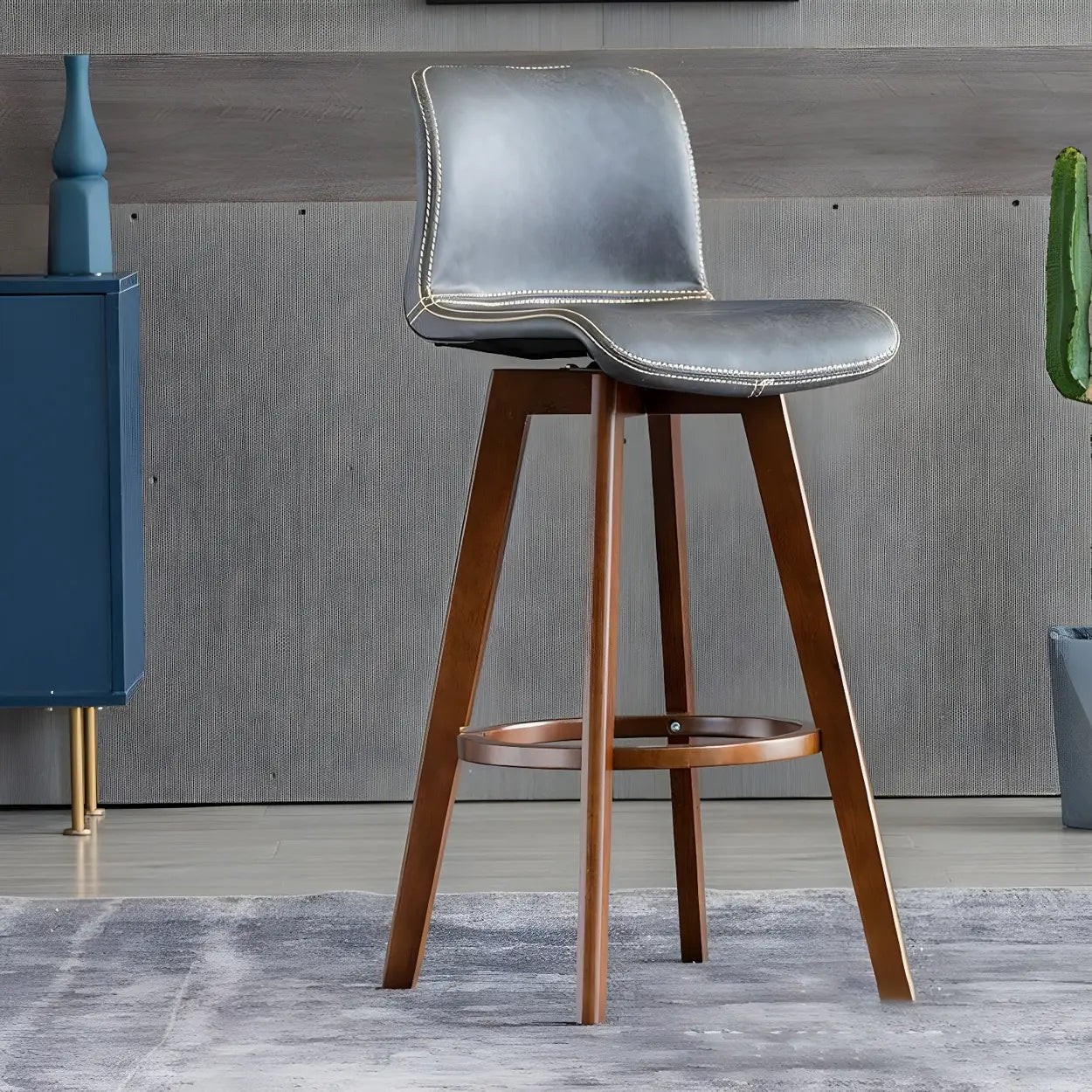 Tabouret de Bar Pivotant en Cuir avec Dossier et Pieds en Bois – Chaise de Bar Moderne Pivotante à 360° pour Îlot de Cuisine et Bar à Domicile | Restfield