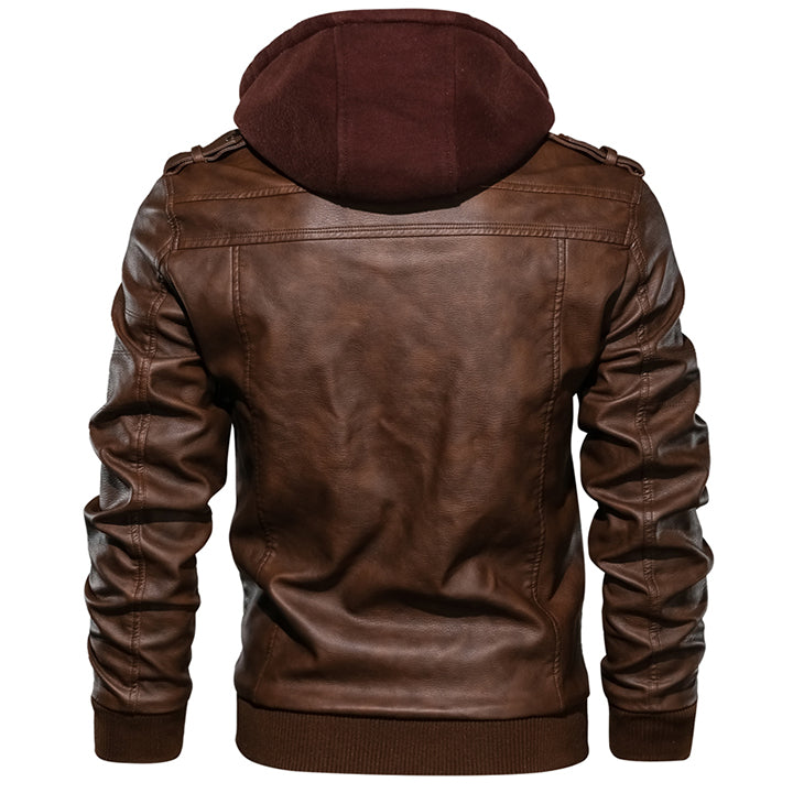Leren Herenjack met Afneembare Capuchon Cognacbruin Premium Kunstleer Waterafstotend voor Herfst Winter | Sansoti