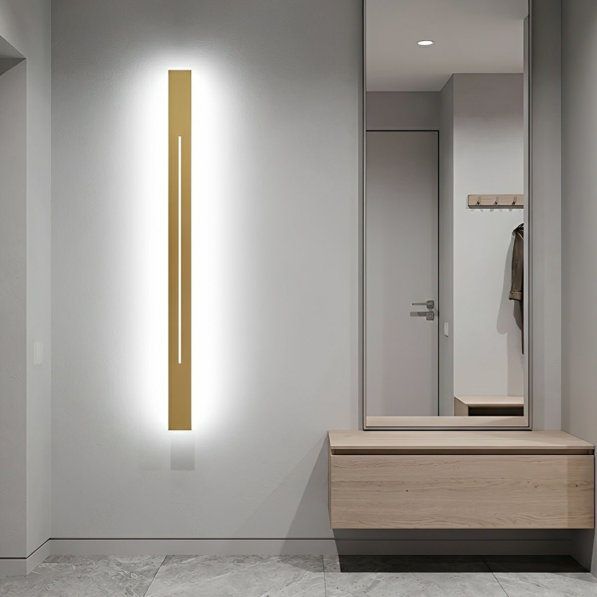 Applique murale élégante à bande LED en fer et acrylique, dimmable, 60-120 cm, pour miroir, salon ou salle de bains, noir et doré, moderne et chaleureuse | Sansoti